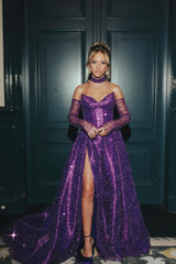 Dazzling Purple Strapless Sweetheart Sequins A-Line Prom Dresses Detachable Sleeves With High Split