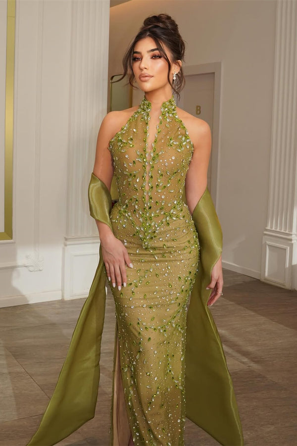 Shining Green High Collar Sleeveless Mermaid Prom Dresses Column Gem Beads With Zipper