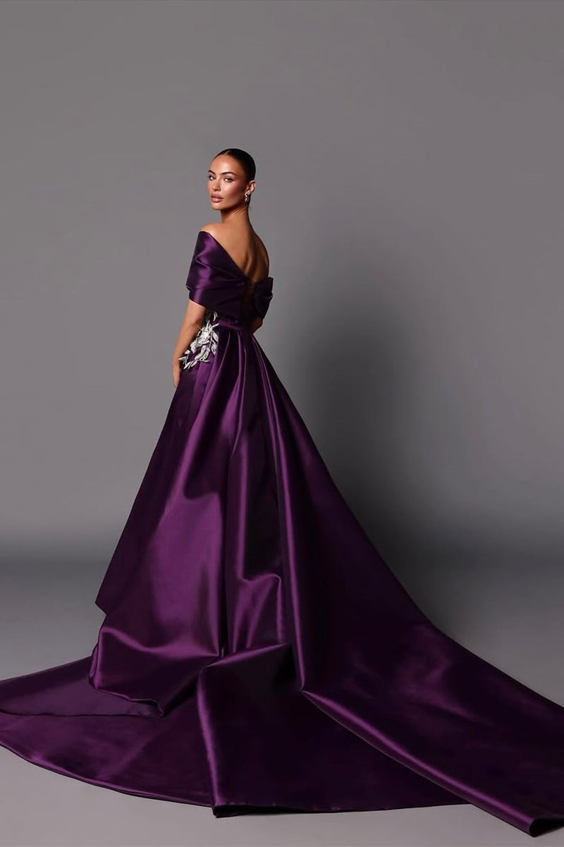 Classy Grape Off-The-Shoulder Satin Mermaid Prom Dress Detachable Skirt With Side Split