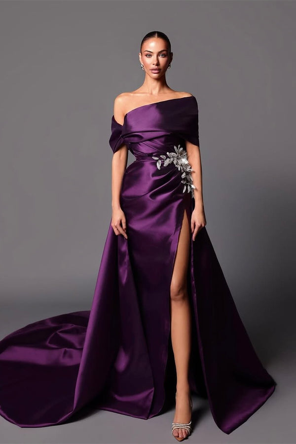Classy Grape Off-The-Shoulder Satin Mermaid Prom Dress Detachable Skirt With Side Split