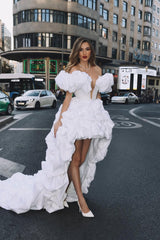 Charming White Hi-Lo Off-The-Shoulder Satin Prom Dresses Pearl Sheath On Sale