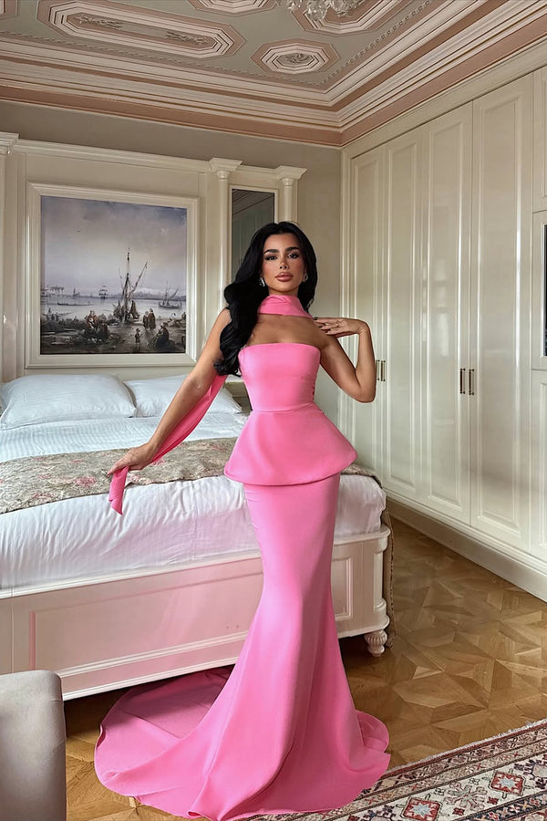 Pretty Flamingo Strapless Sleeveless Satin Mermaid Prom Dress Two Pieces Set On Sale