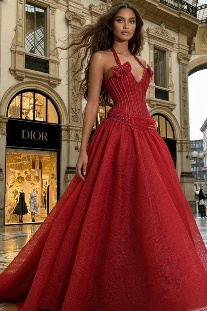 Luxury Red Halter Sweetheart Sleeveless A-Line Prom Dresses Sequin Lace With Bow Knot