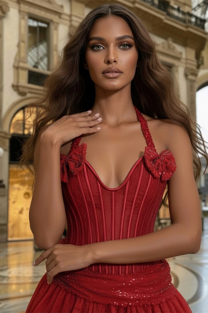 Luxury Red Halter Sweetheart Sleeveless A-Line Prom Dresses Sequin Lace With Bow Knot
