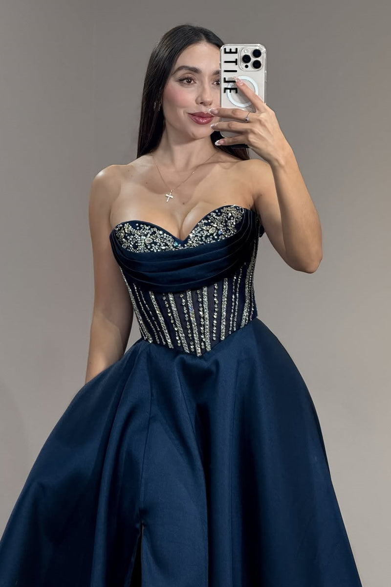 Classy Navy Blue Sweetheart Strapless Sleeveless Satin Prom Dress A-Line High Split Gem With Lace-Up Back Pockets
