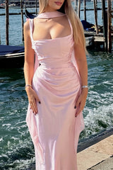 Sparkling Pink Square Straps Satin Prom Dresses Mermaid Column With Gloves