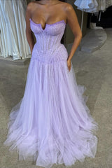 Gorgeous Lilac Strapless Sleeveless Tulle Prom Dress A-Line Beads With Pleats