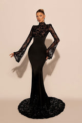 Luxury Black High Collar Long Sleeves Lace Prom Dresses Mermaid Column With Zipper