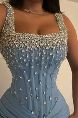 Dazzling Blue Square Straps Sleeveless Satin Prom Dresses Mermaid Sheath With Gem