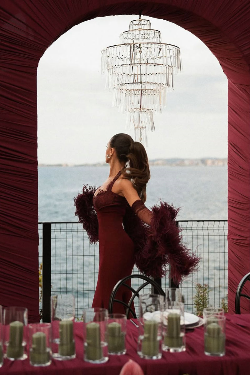 Glamorous Burgundy Sweetheart Halter Satin Prom Dress Mermaid Lace With Gloves