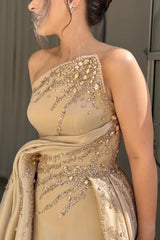 Luxury Asymmetrical Strapless Sleeveless Satin Prom Dresses A-Line Slit Gem With Zipper Pleats