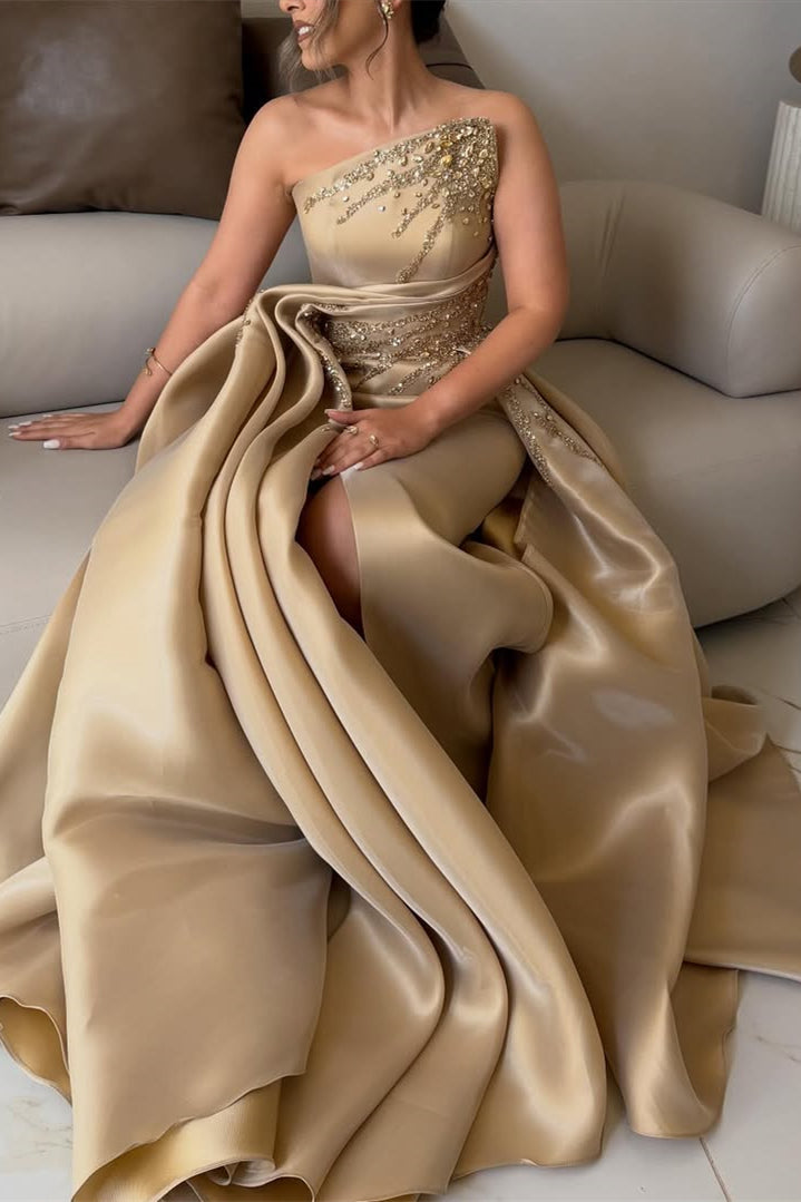 Luxury Asymmetrical Strapless Sleeveless Satin Prom Dresses A-Line Slit Gem With Zipper Pleats