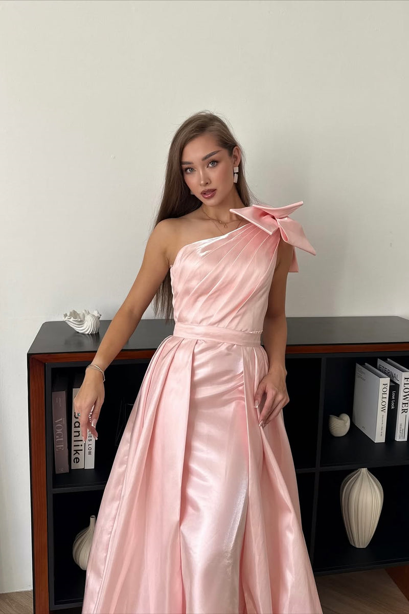 Charming Pink One Shoulder Sleeveless Satin Mermaid Prom Dresses Detachable Skirt With Bow Knot