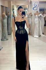 Elegant Black Spaghetti-Strap Sleeveless Mermaid Prom Dresses Lace High Split With Pleats