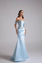 Glamorous Sky Blue Off-The-Shoulder Satin Mermaid Prom Dress Beading With Zipper