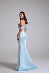 Glamorous Sky Blue Off-The-Shoulder Satin Mermaid Prom Dress Beading With Zipper