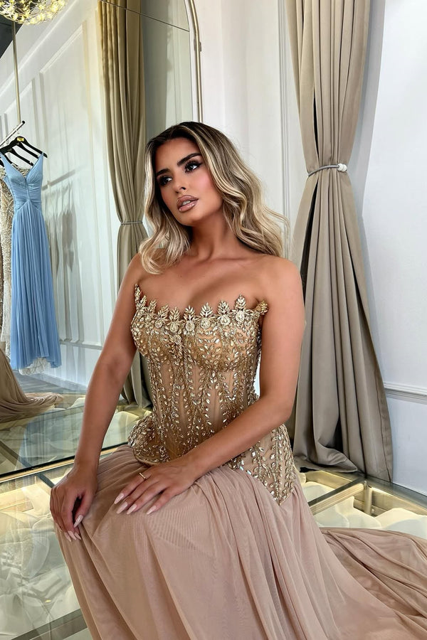 Dazzling Dusty Rose Strapless Sleeveless Chiffon Prom Dress A-Line Gem On Sale