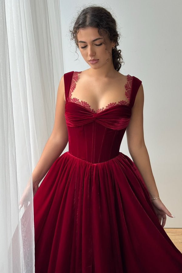 Classy Burgundy Straps Sweetheart Sleeveless Velvet Prom Dresses A-Line With Pleats
