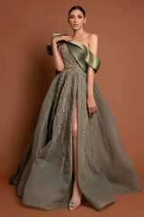 Luxury Moss Asymmetrical A-Line Prom Dresses High Split Gem Beads With Ruffle