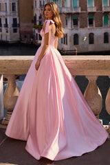 Chic Pink Spaghetti-Strap Sleeveless Satin Prom Dress A-Line Beads With Zipper Bow Knot
