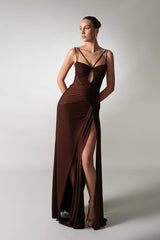 Charming Chocolate Spaghetti-Strap Sleeveless Satin Prom Dress Side Split With Pleats Zipper