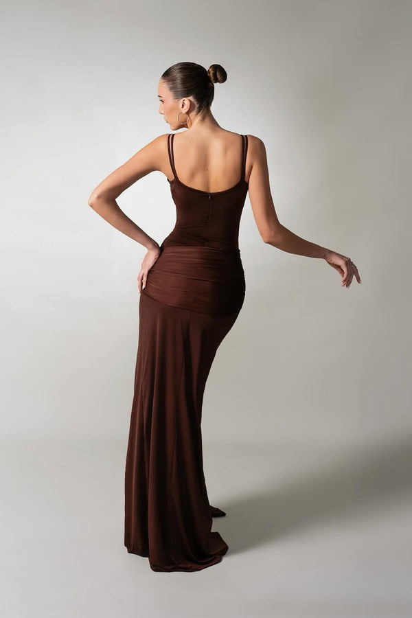 Charming Chocolate Spaghetti-Strap Sleeveless Satin Prom Dress Side Split With Pleats Zipper