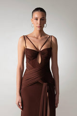 Charming Chocolate Spaghetti-Strap Sleeveless Satin Prom Dress Side Split With Pleats Zipper