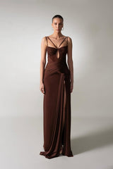 Charming Chocolate Spaghetti-Strap Sleeveless Satin Prom Dress Side Split With Pleats Zipper