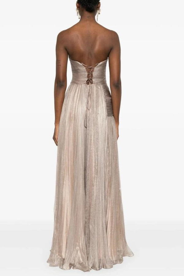 Sparkling Silver Strapless Sleeveless A-Line Prom Dress Lace-Up Back With Pleats