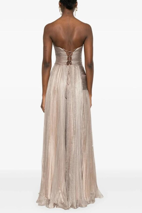 Sparkling Silver Strapless Sleeveless A-Line Prom Dress Lace-Up Back With Pleats