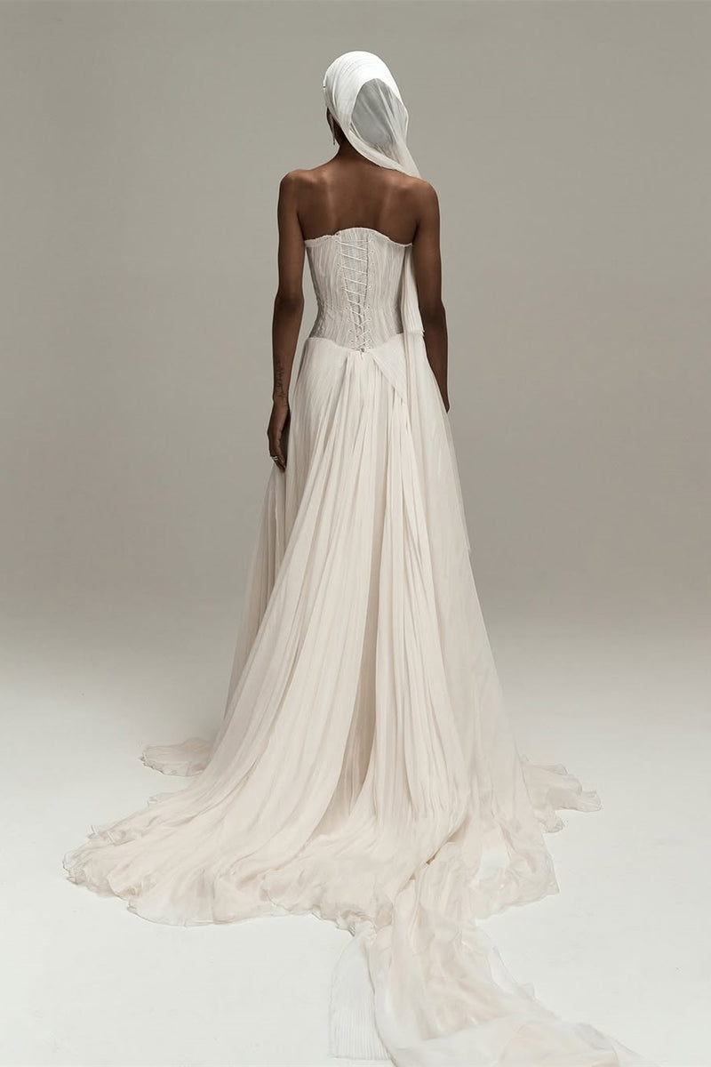 Timeless Strapless Sleeveless Chiffon Prom Dresses A-Line Lace-Up Back With Pleats