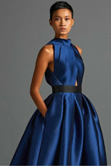 Romantic Dark Navy Halter Sleeveless Satin Prom Dresses A-Line Long With Pleats