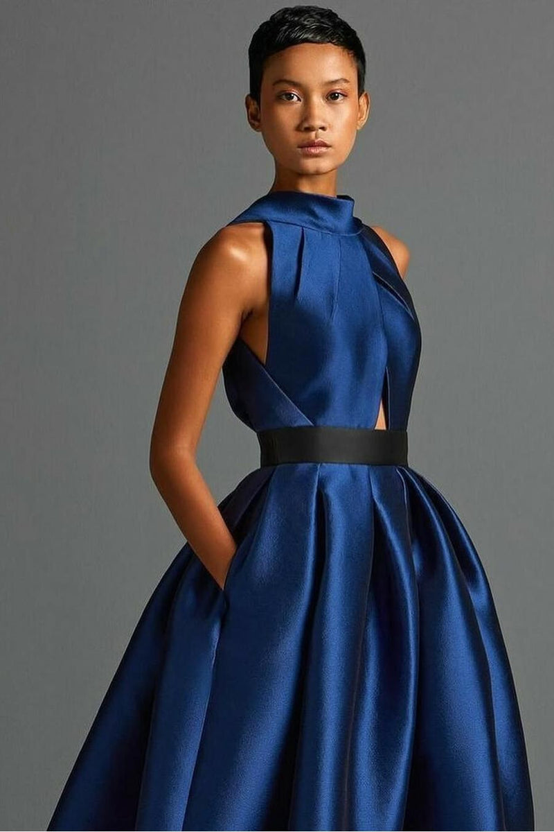 Romantic Dark Navy Halter Sleeveless Satin Prom Dresses A-Line Long With Pleats