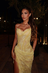 Dreamy Daffodil Sweetheart Strapless Sleeveless Lace Prom Dress Mermaid Side Split With Lace-Up Back