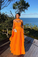 Charming Orange Strapless Sleeveless Chiffon Prom Dress A-Line With Zipper Pleats