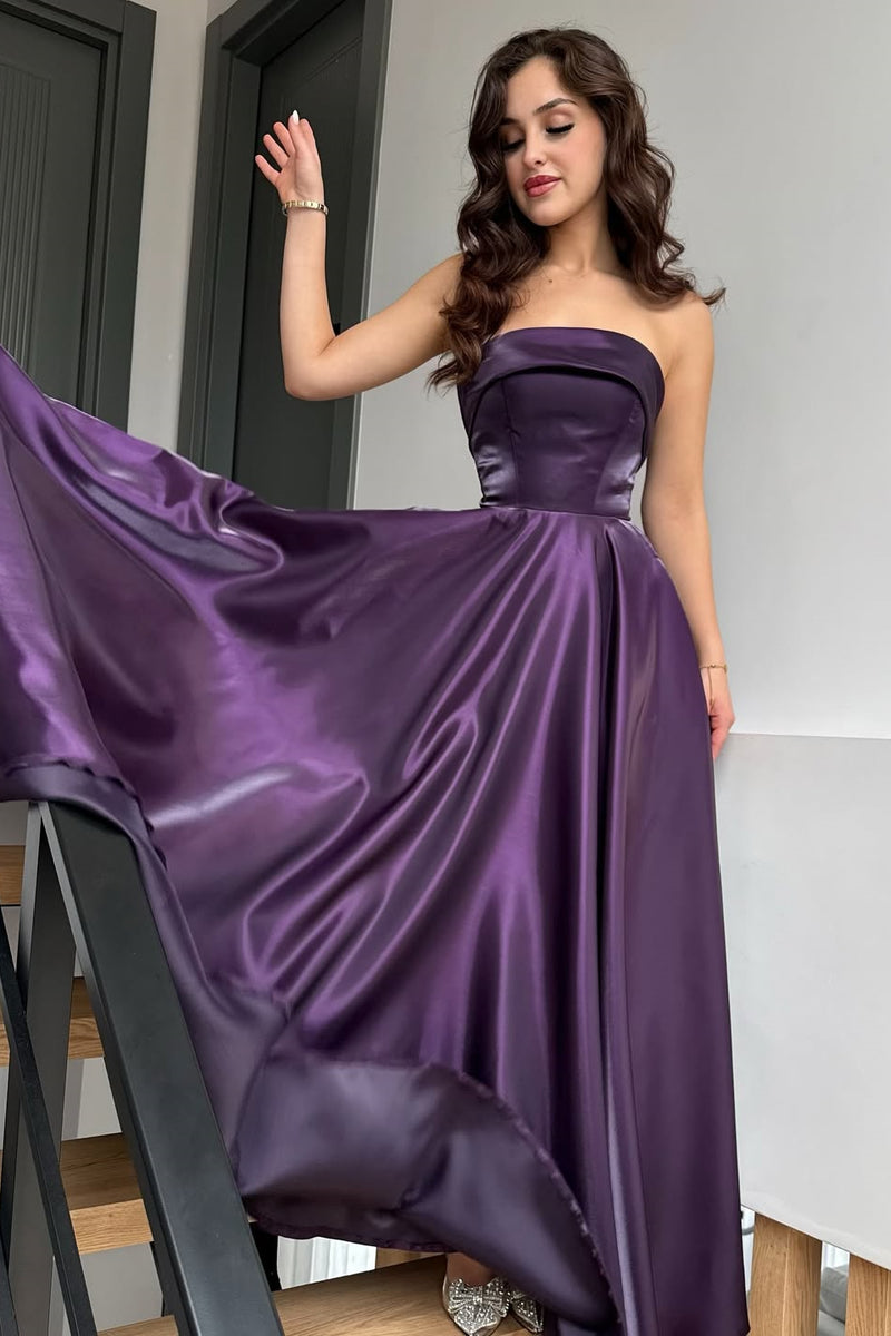Glamorous Purple Strapless Sleeveless A-Line Prom Dresses Long Lace-Up Back With Pleats