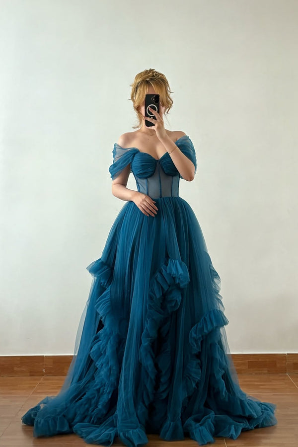 Romantic Ink Blue Off-The-Shoulder Sweetheart Tulle Prom Dress A-Line Pleats With Lace-Up Back