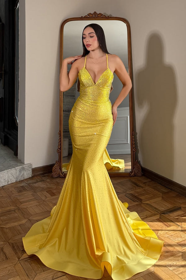 Sparkling Yellow Halter Sleeveless V-Neck Prom Dress Mermaid Gem With Lace-Up Back