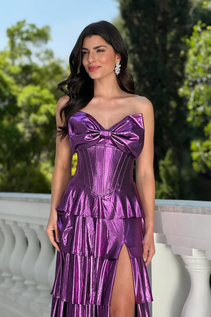 Chic Purple Sweetheart Strapless Sleeveless Prom Dress High Split Long With Zipper Pleats
