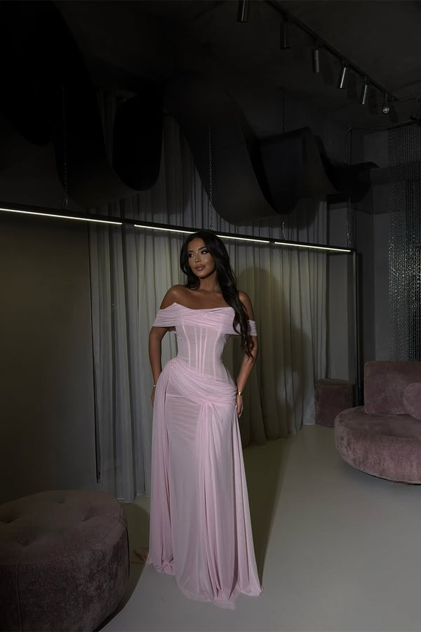 Charming Pink Off-The-Shoulder Chiffon Prom Dresses Mermaid Sheath With Ruffle Pleats