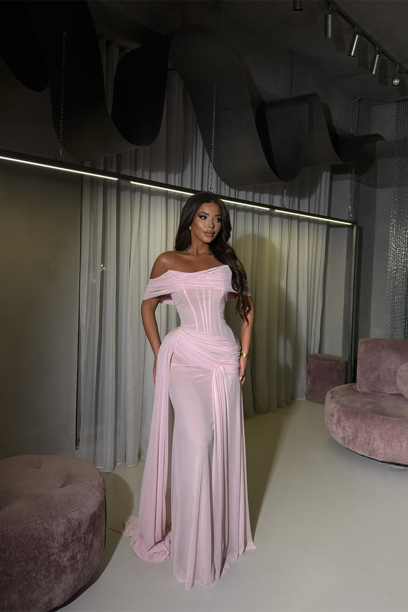 Charming Pink Off-The-Shoulder Chiffon Prom Dresses Mermaid Sheath With Ruffle Pleats