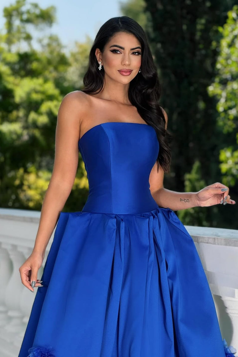 Elegant Royal Blue Strapless Sleeveless Satin Prom Dress A-Line With Zipper Flower