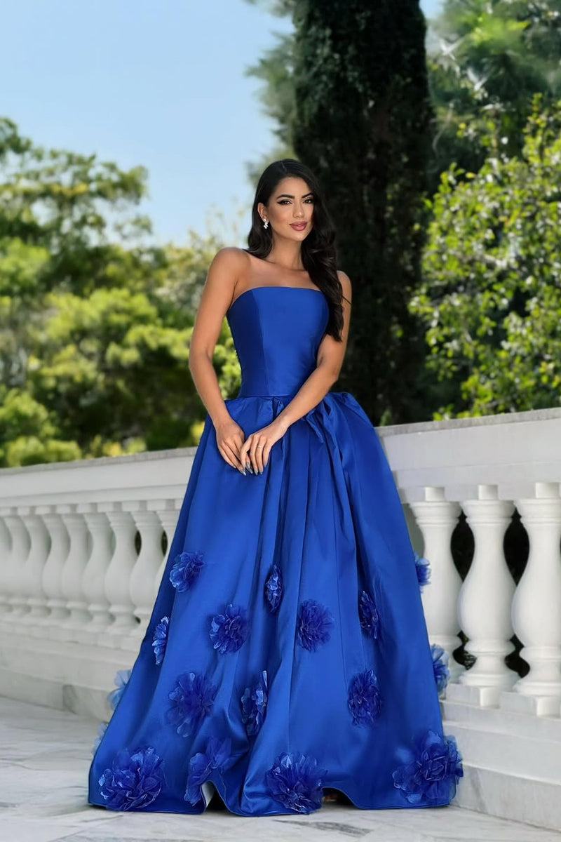 Elegant Royal Blue Strapless Sleeveless Satin Prom Dress A-Line With Zipper Flower