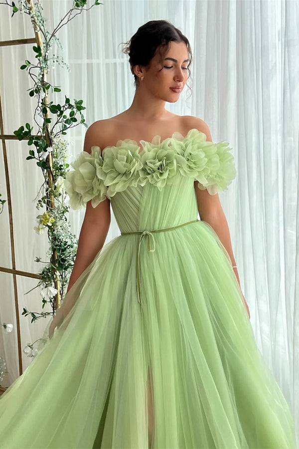 Dreamy Green Off-The-Shoulder Tulle Prom Dresses A-Line High Split With Flower