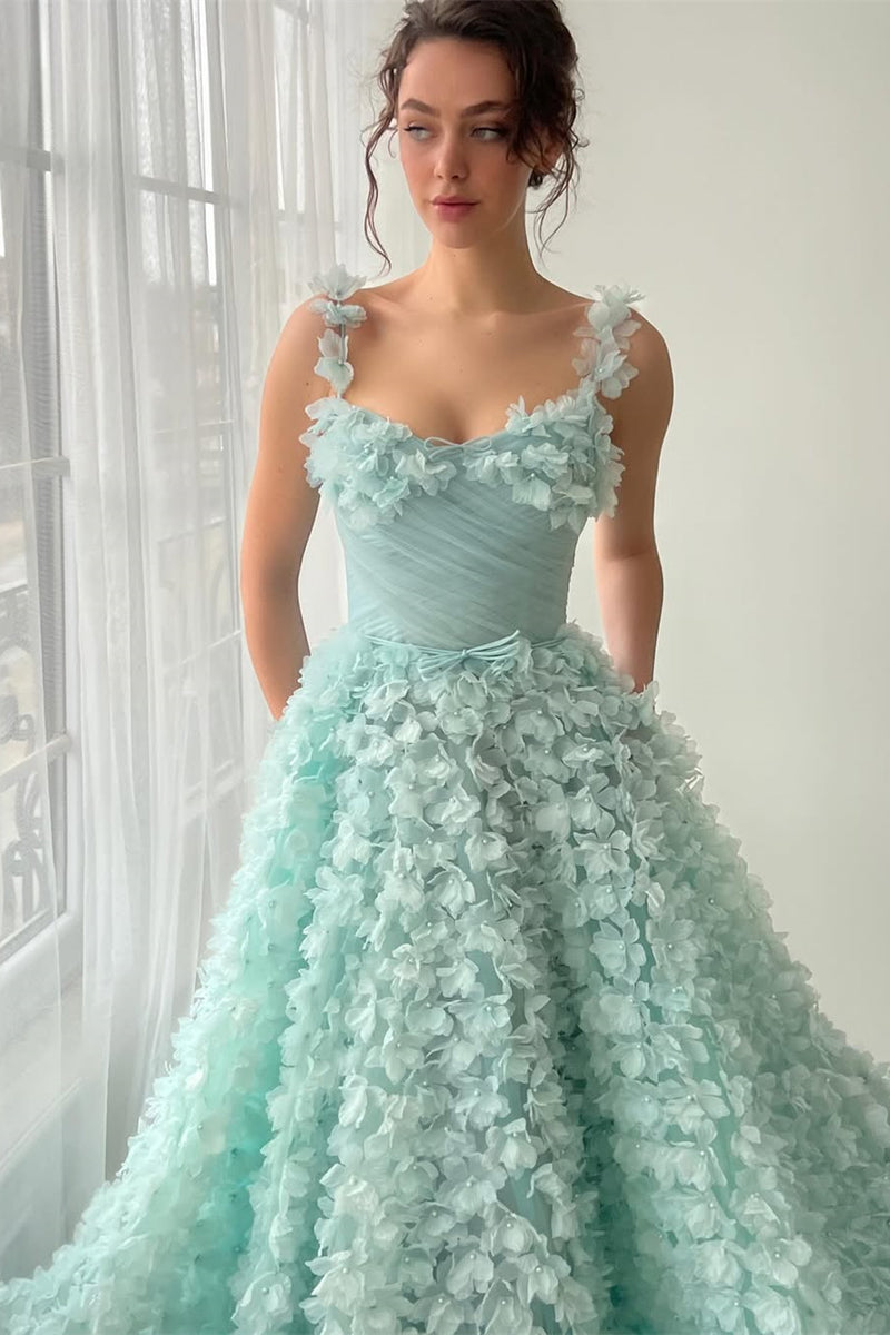 Romantic Straps Sleeveless A-Line Prom Dresses Long Pearl With Flower