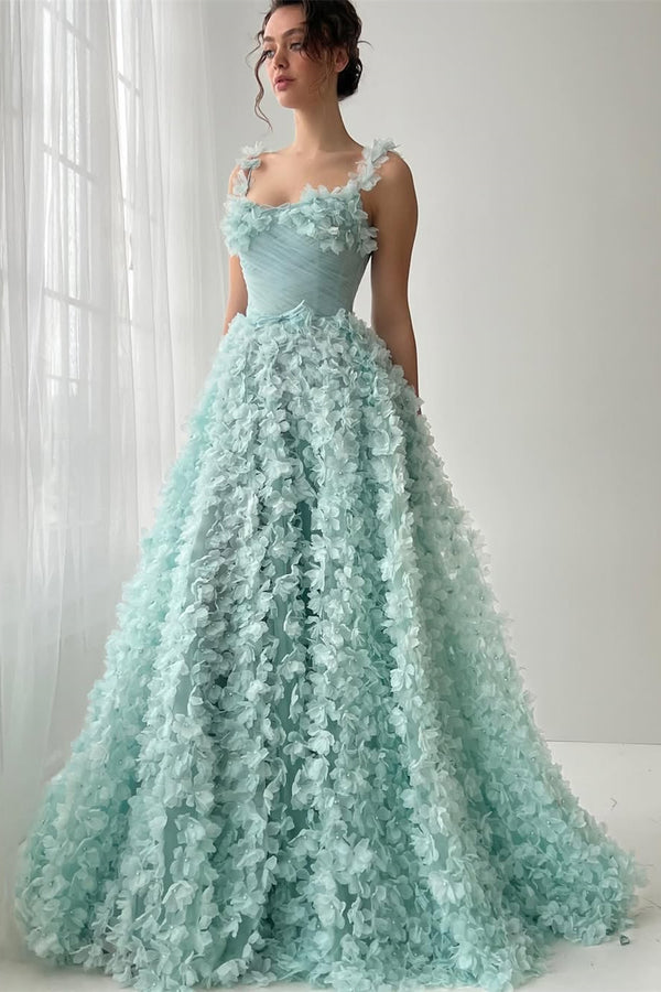 Romantic Straps Sleeveless A-Line Prom Dresses Long Pearl With Flower