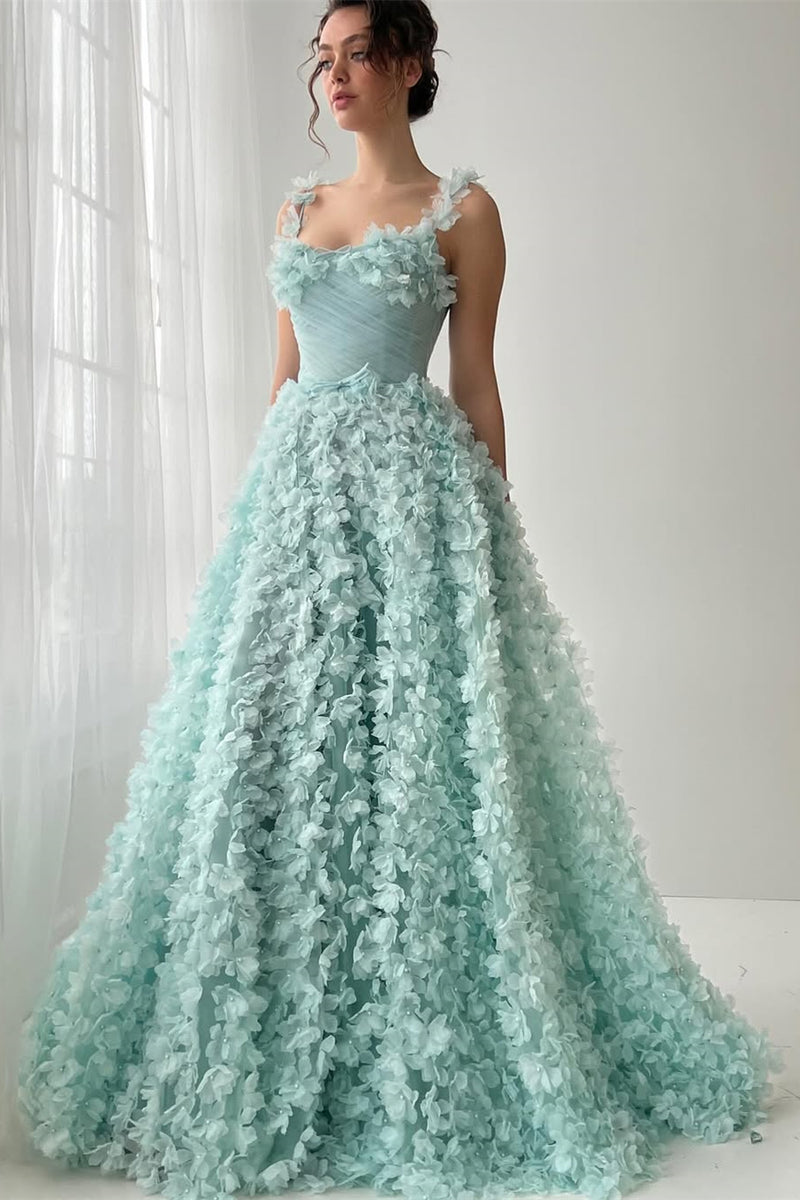 Romantic Straps Sleeveless A-Line Prom Dresses Long Pearl With Flower