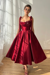 Elegant Burgundy Straps Sleeveless Satin Prom Dresses A-Line Ankle Length With Beads
