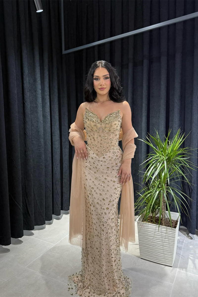 Timeless Strapless Sleeveless V-Neck Prom Dresses Mermaid Gem Column On Sale