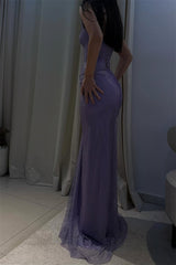 Romantic Lilac V-Neck Strapless Sleeveless Prom Dress Mermaid High Split With Lace-Up Back
